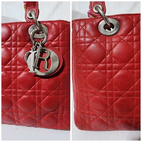 Authentic CHRISTIAN DIOR Lambskin Cannage Medium Lady Dior Red - Picture 5 of 15